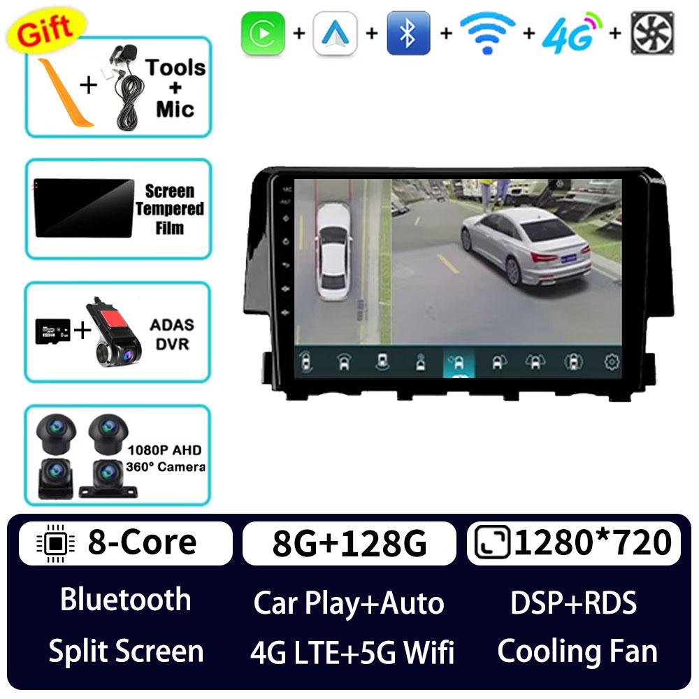 Autoradio Android 16 pour Honda Civic 10 FC FK 2015 - 2020, lecteur multimédia GPS, unité centrale Navi, Carplay sans fil, stéréo vidéo DSP
