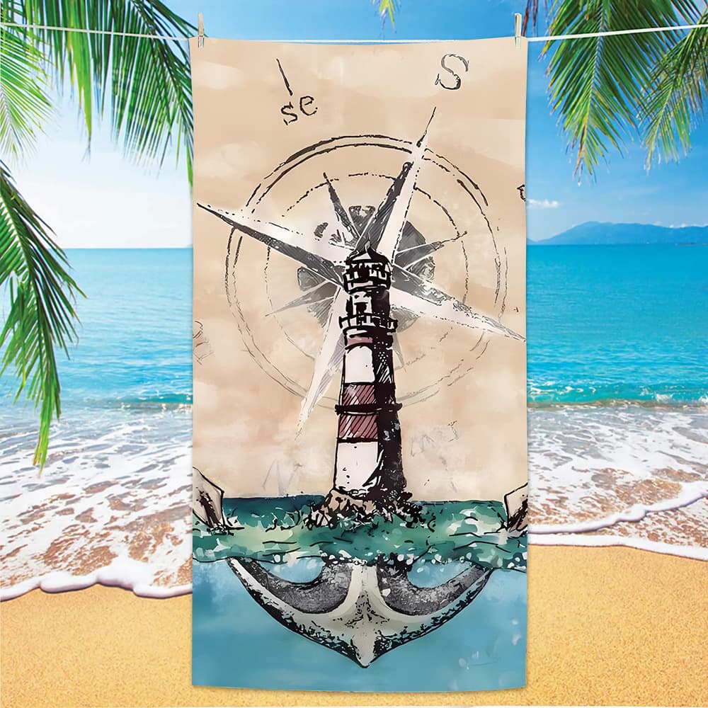 Nautical Lighthouse Anchor Print Microfiber Towel for Men Women Summer Beach Pool Camping Gym Yoga Outdoor Holiday