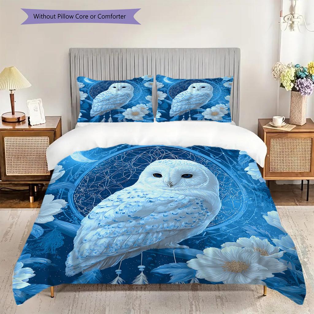 Snowy Owl Pattern Bedding Quilt Set Quilt Cover Pillowcase Home Decoration Birthday Gift (1 * duvet cover + 2 * pillowcase, without core)