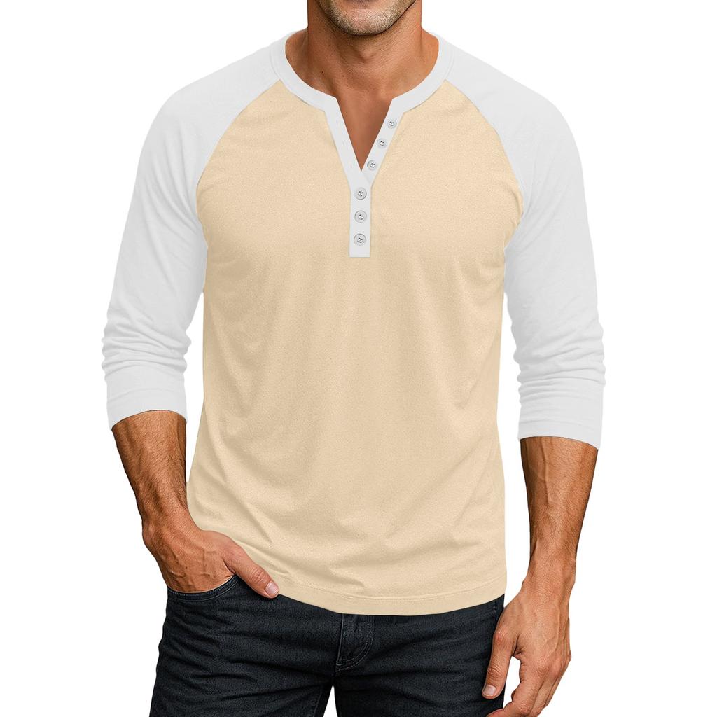 Men's Button-Down Contrast Raglan 3/4 Sleeve Top