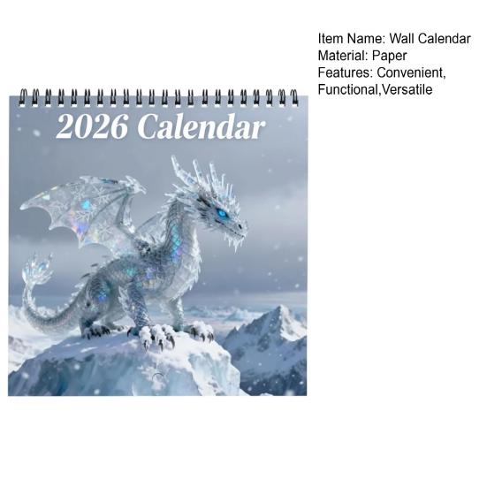 2026 Календарь настенный 'Фэнтези Драконы' Ежемесячный планер с 12 детальными иллюстрациями драконов Спиральное скрепление Отверстие для подвешивания Декор для дома и офиса Подарок для Дракона