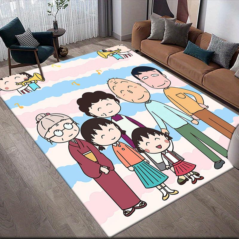 Chibi Maruko‑chan Flannel Pattern Square Carpet,Area Rug,Carpet Rug for Living Room Bedroom Sofa Playroom Decor,Non-slip Floor Mat