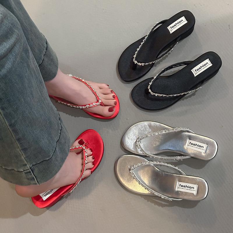 Красные французские шлепанцы на толстой подошве и клиновидном каблуке, женская летняя обувь 2025, новые, для ношения с юбкой, увеличивающие рост, крутые шлепанцы