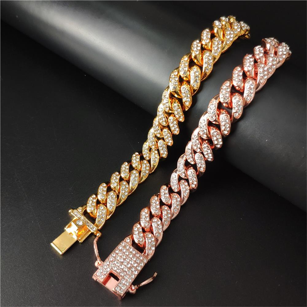 12mm Width Luxury Shiny Fashion Bracelet Hip Hop Link Chain Inlaid Rhinestone Bracelet