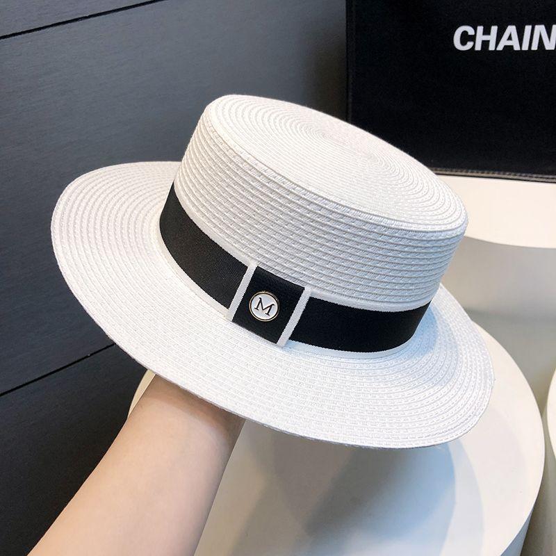 French retro top hat women's summer seaside casual flat top M standard hat showing face small sunshade sunscreen sun hat