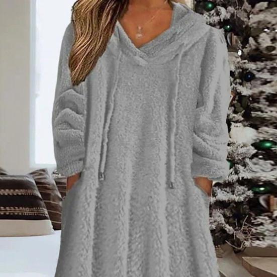 Women Fuzzy Fleece Midi Dress Long Sleeve Warm Plush Dress Hooded Drawstring Sweatshirt Dress with Pockets