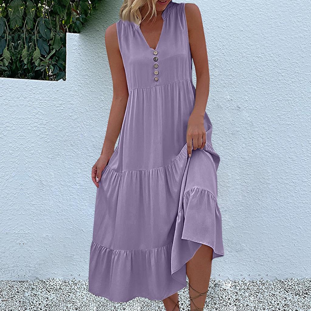 Women's Fashion Sleeveless Pleated Loose V-Neck Mid-Length Solid Colour Dresses