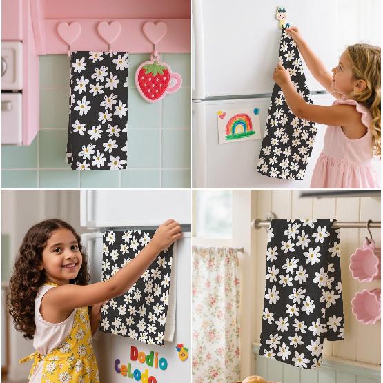 Daisy Waffle Towels, Floral Hand Towel, Floral Black & White Decor for Kitchen Bathroom, Gift for Hostess, Daisy Gift Dish Tea Towels,16x24 Inch.