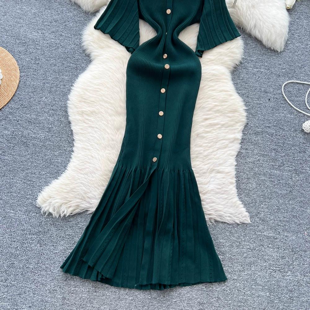 Летние женские элегантные платья-свитера облегающего кроя с V-образным вырезом и застежкой на одну пуговицу, длинные макси с юбкой «рыбий хвост»