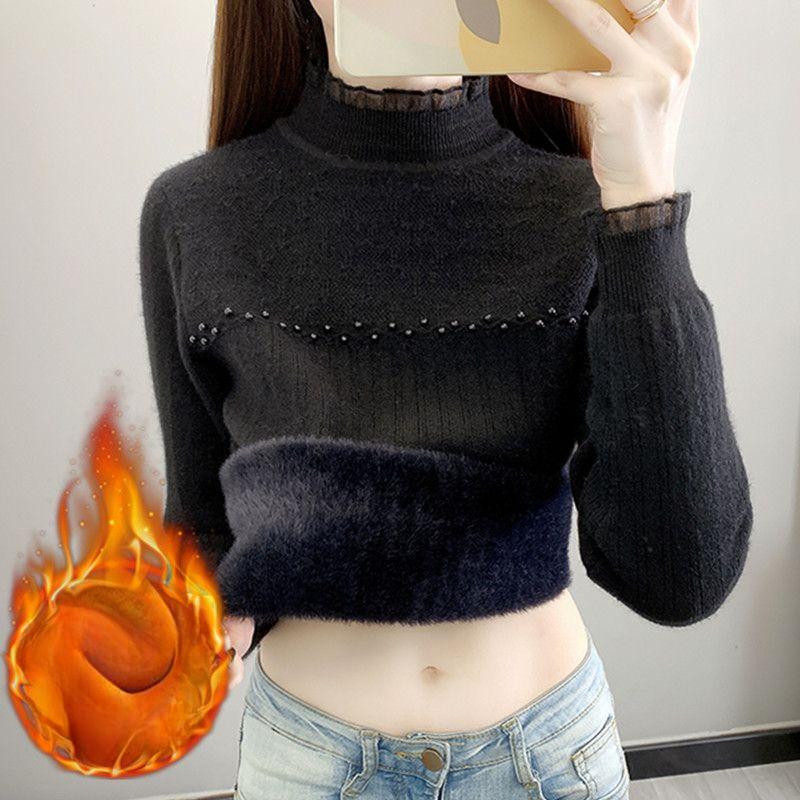 Осенне-зимняя кружевная цельная рубашка из бархата с полувысоким воротником. Модный и модный шерстяной свитер с толстой вязкой.