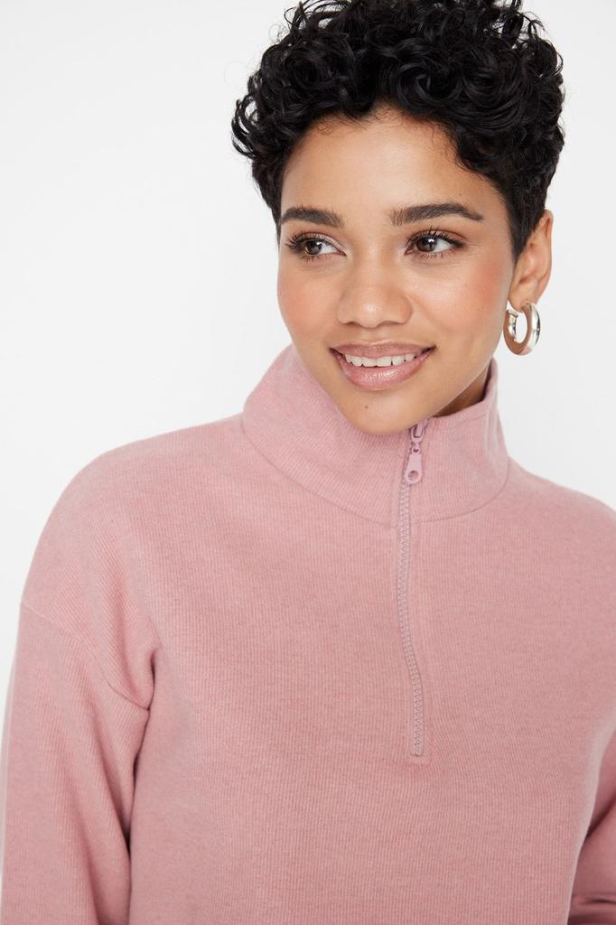 Women's Fashionable Stylish Sweatshirt Black Thessaloniki Knitwear Look Zipper Collar Regular Normal Fit Knitted Sweatshirt