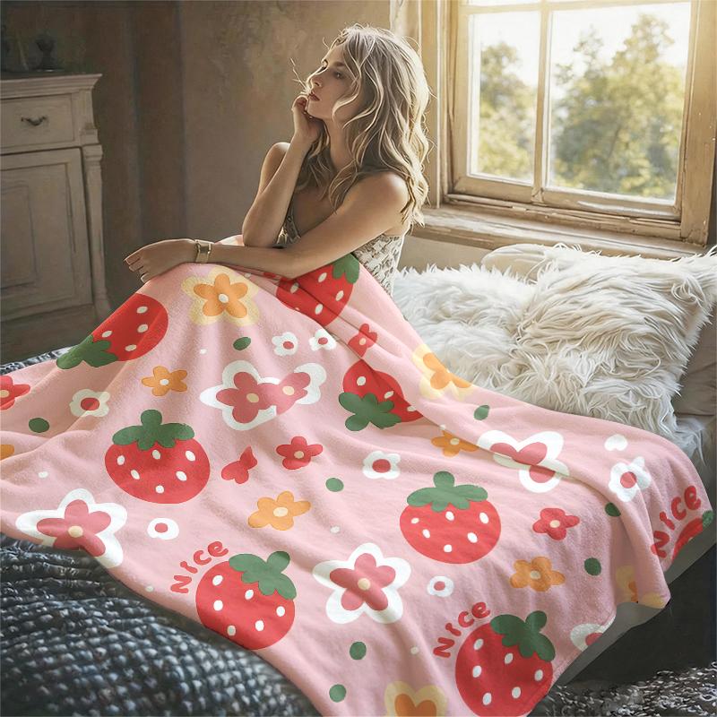 Pink Strawberries Flowers Flannel Blanket Soft Warm Christmas Halloween Blanket for Lightweight Cozy Room Home Decor Gifts