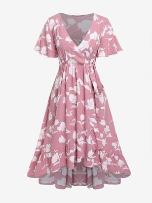 Rosegal Plus Size 3D Flower Print Платье с V-образным вырезом и сюрплиссом