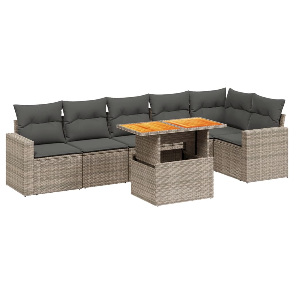 7 Piece Grey Garden Sofa Set with Cushions Poly Rattan