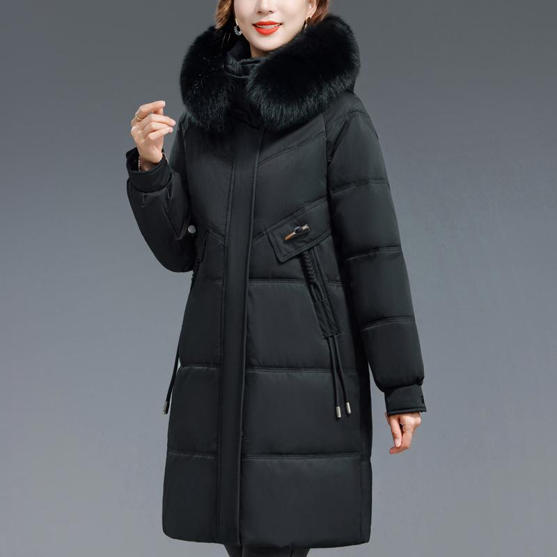 Middle Age Woman Winter Long Coats Hooded Faux Fur Collar Casual Thick Warm Parkas Women's Jackets