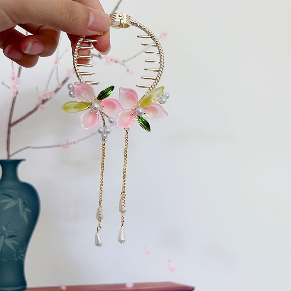 Pink Peach Blossom Bun Hairpin Imitation Pearl Round Bun Ponytail Holder Women Girls