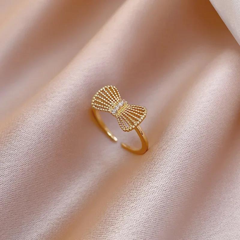 Simple Design Bowknot Shaped Gold Color Adjustable Ring For Women All Match Personality Sweet Crystal Open Rings Wedding Jewelry