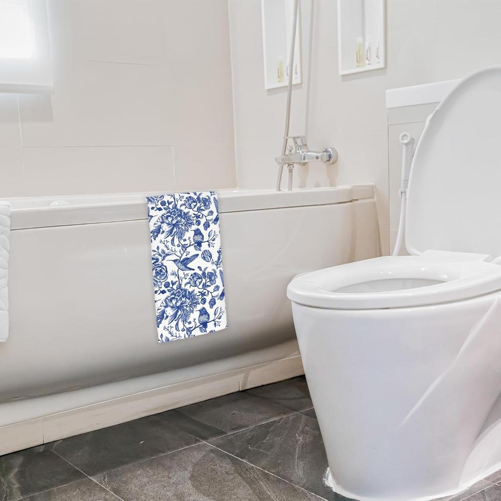 Blue and White Chinoiserie Floral Bird Tea Hand Dish Towels for Kitchen Bathroom, Chinoiserie Decor, Blue Tea Hand Dish Kitchen Towels, 16x24