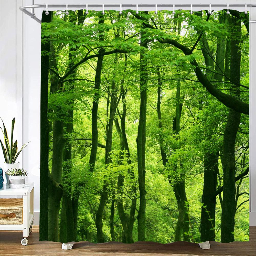 Modern 3D Printing Forest Shower Curtain Green Plant Tree Landscape Bath Curtain With Hooks For Bathroom Waterproof Scenery