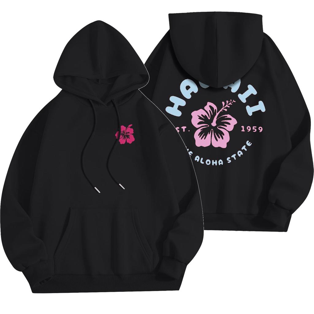 Women's Fashion Lightweight Long Sleeve Pullover With Pockets Flowers Print Hoodie