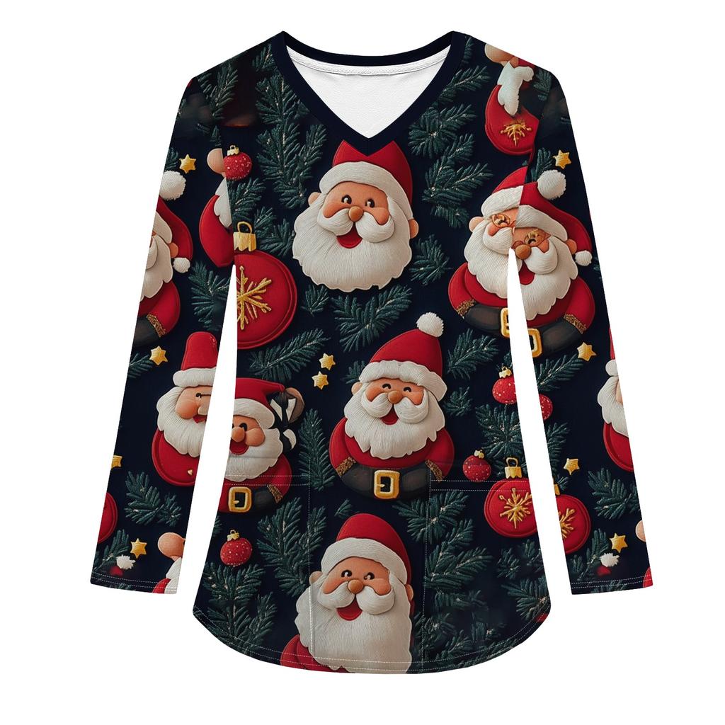 Женская модная рабочая одежда с V-образным вырезом, длинным рукавом и карманом, рождественский принт, футболка, топ