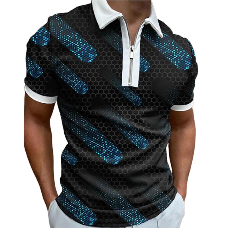 Повседневная футболка с лацканами, молодежная мужская модная футболка на молнии, футболка с коротким рукавом, мужская футболка с 3D синим полосатым принтом