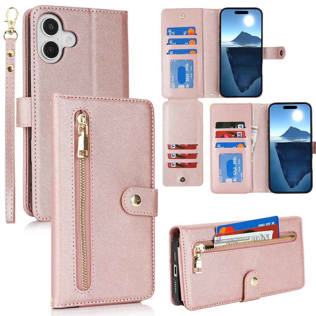 For iPhone 16 Stand Case PU Leather Phone Cover with Straps/Zipper Wallet/Multiple Card Slots