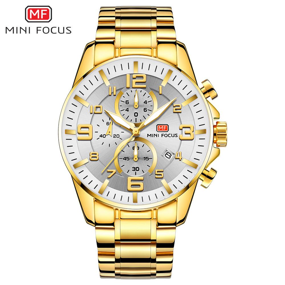MINI FOCUS Man Watches Luxury Gold Business Stainless Steel Waterproof Complete Calendar Clock Quartz Watch Reloj Hombre 0278G