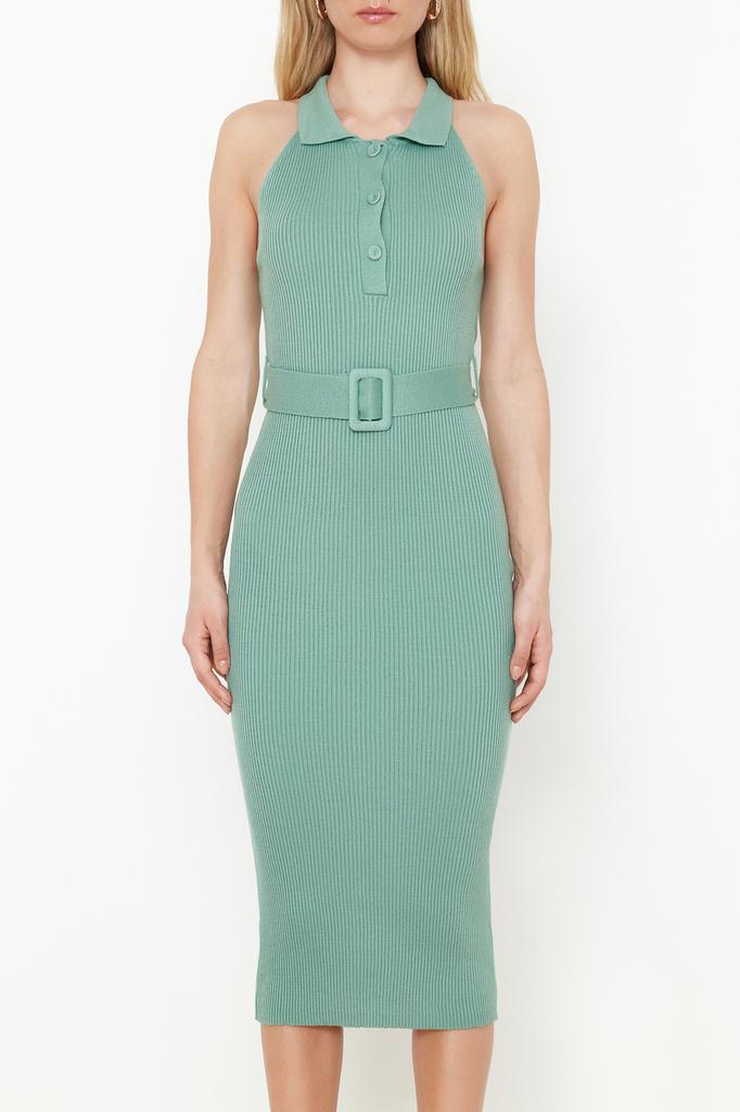 Women's Fashion New Dress Green Plain Belt Detailed