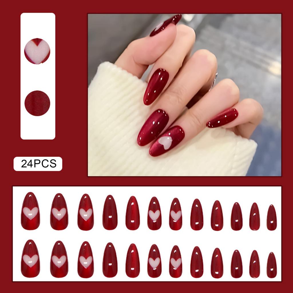 24pcs Wearable Bow Design Press on Nails Simple Pearl Starlight Short Almond False Nails Tips Finished Cat's Eye Fake Nail Sets