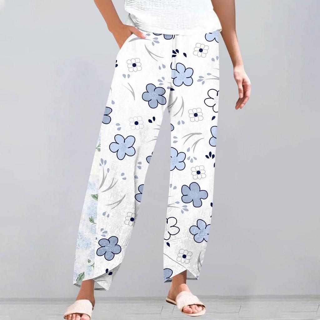 Брюки женские летние повседневные широкие брюки с эластичной резинкой на талии и карманами