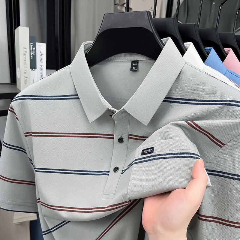 Поло с отложным воротником в полоску, короткий рукав, летнее, свободного кроя, Business Casual, топ, футболка-поло