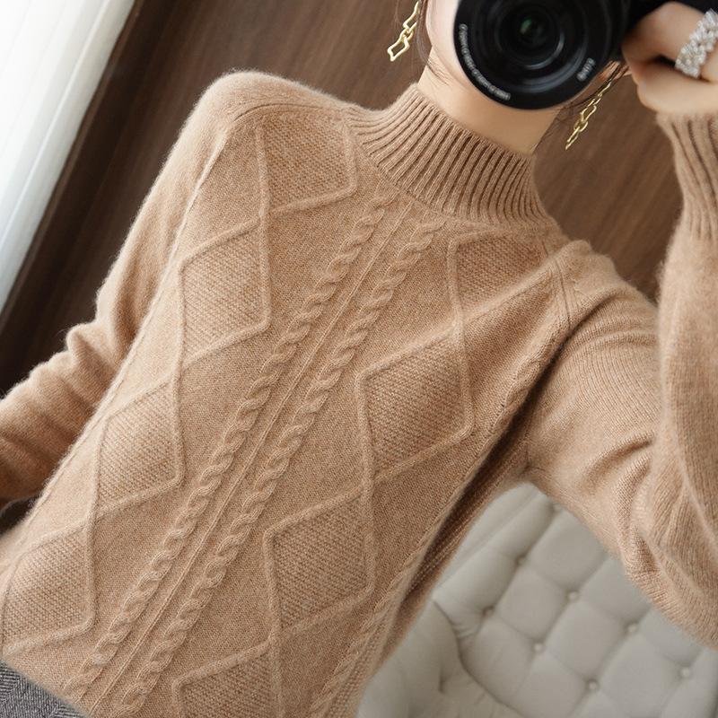 Женский теплый утолщенный свитер с полувысоким воротником, осенне-зимний пуловер с косами, свободный и универсальный, вязаный свитер для верхней одежды