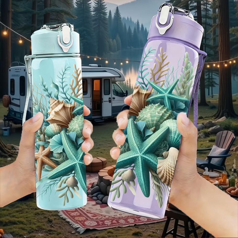 1PC Seashell Coral Ocean Collection 750ml Color Plastic Sports Water Bottle Leakproof Flip Straw Lid Suitable for Sports Office Home Use