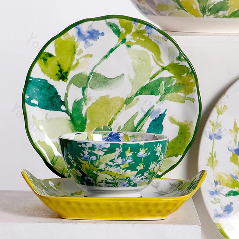 Креативные роскошные керамические тарелки, высококачественные цветочные суповые миски, вкусные блюда, бытовая большая обеденная тарелка, изысканный набор столовых приборов