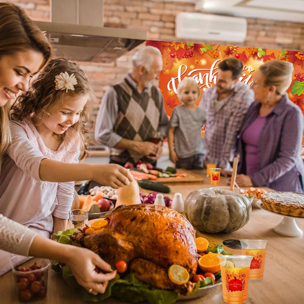 Thanksgiving Backdrop, Large Happy Thanksgiving Banner 72x44 Inch Turkey Maple Leaf Pumpkin Decorations Gifts for Indoor Home Photography Party