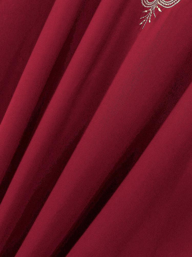 EDOLYNSA Golden Embroidered Plus Size Red Kaftan Dresses for Women Cozy V-neck Half Sleeve Beachwear Swimsuit Cover Up Loose Caftan