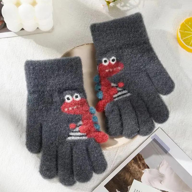 1 пара милых детских толстых вязаных перчаток с рисунком динозавра, теплые детские перчатки на осень и зиму, перчатки с полным пальцем и пятью пальцами
