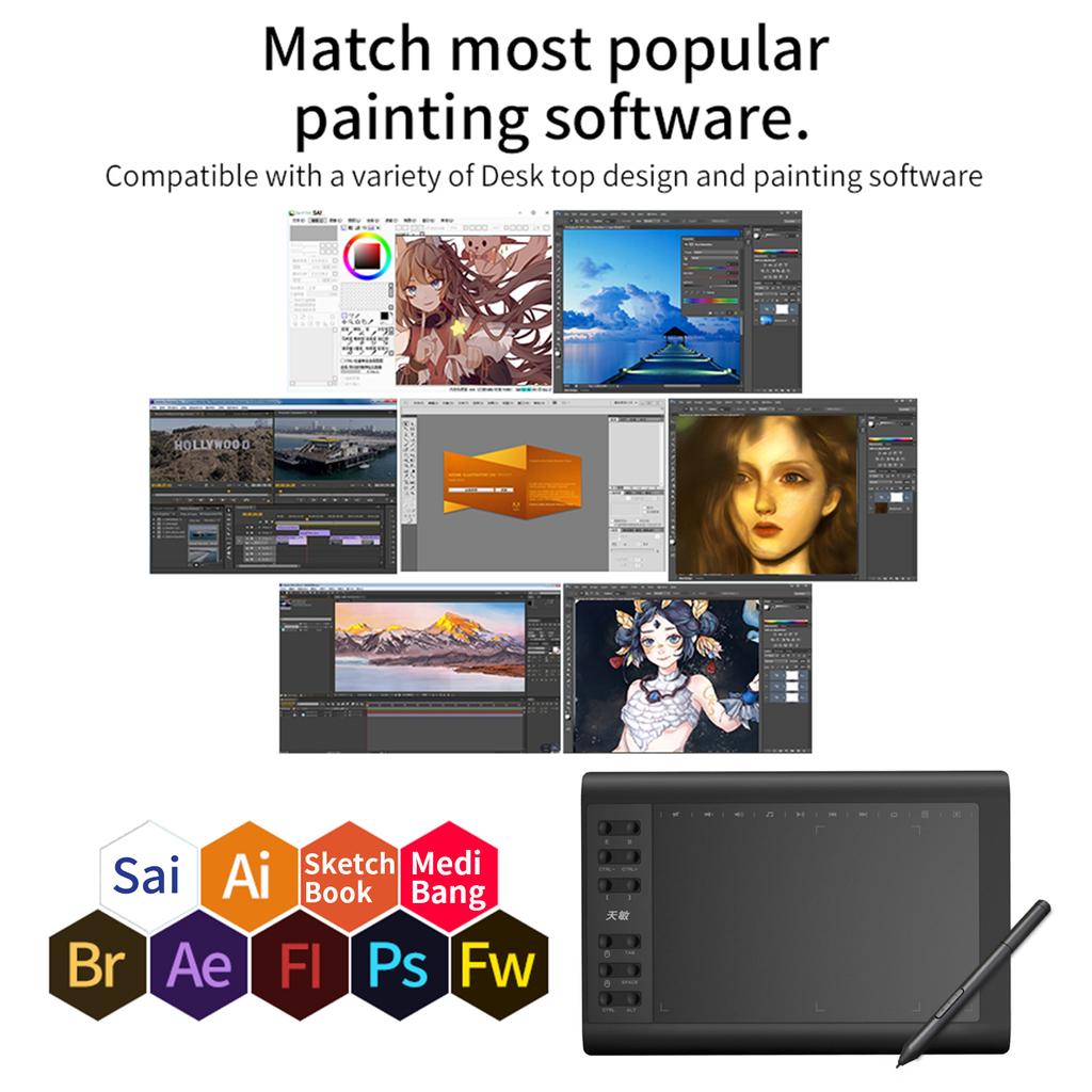 10moons G10 Цифровой графический планшет для рисования 10 x 6 дюймов Сверхлегкий художественный эскиз с