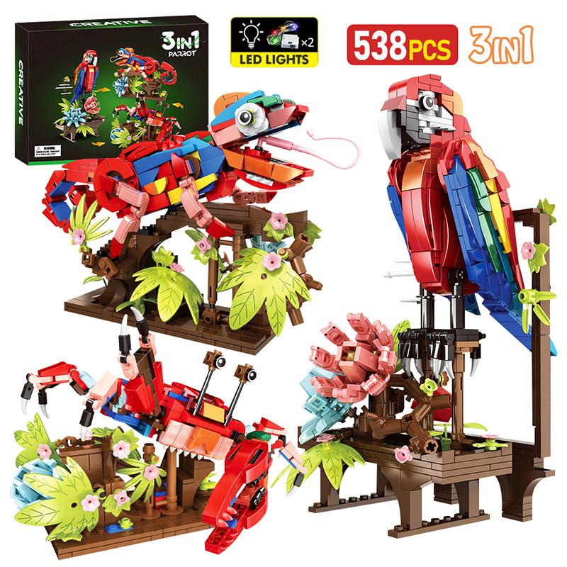 MOC 3 In 1 Amazon Jungle Series Building Blocks Simulation Animal Model Parrot Chameleon Crab Cartoon Bricks Toys for Kids Gifts