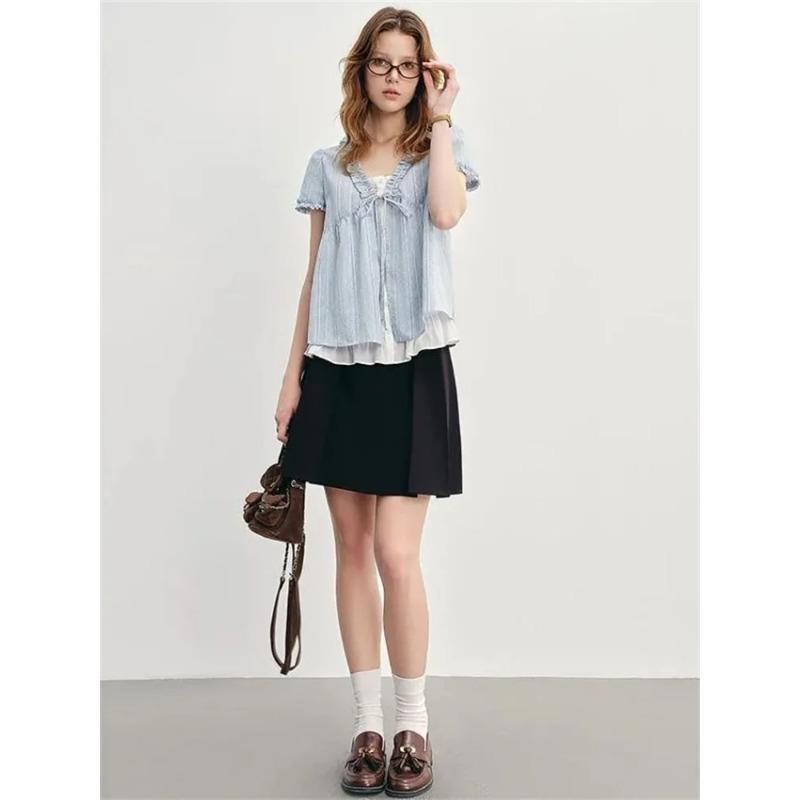 Синий Летний Женский Irt V-образный Вырез Пышный Рукав Свободный Модный Открытые Плечи Узел Топ Корейский Сладкий Свободный