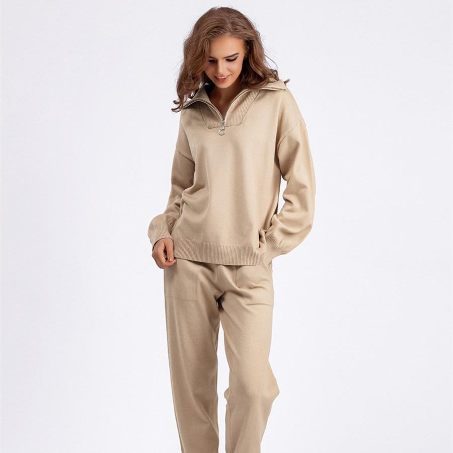 Свитер с воротником-поло, костюмы для женщин, осенне-зимний свободный вязаный комплект из двух предметов