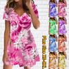 Summer Fashion Women's V Neck Short Sleeve Pink Flowers Printed Dress Sex Short Skirt Dresses