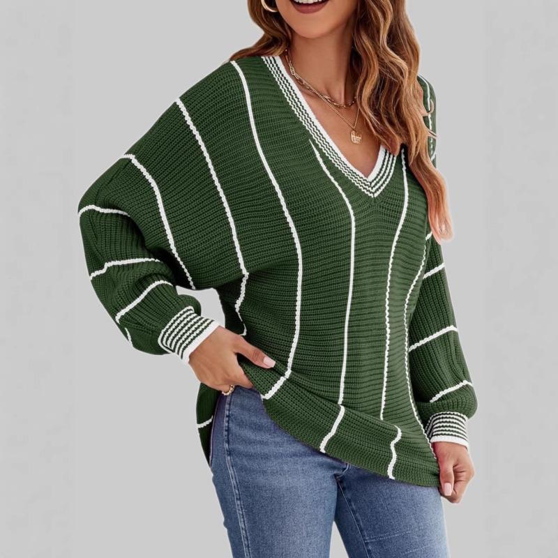 Women S V Neck Striped Oversized Mid Length Pullover Sweater