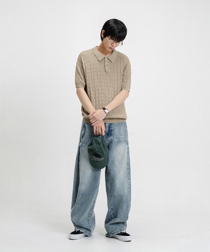 LEMAIN SECOND Oversized Washable Collared Cable Short Sleeve Knit [Beige]
