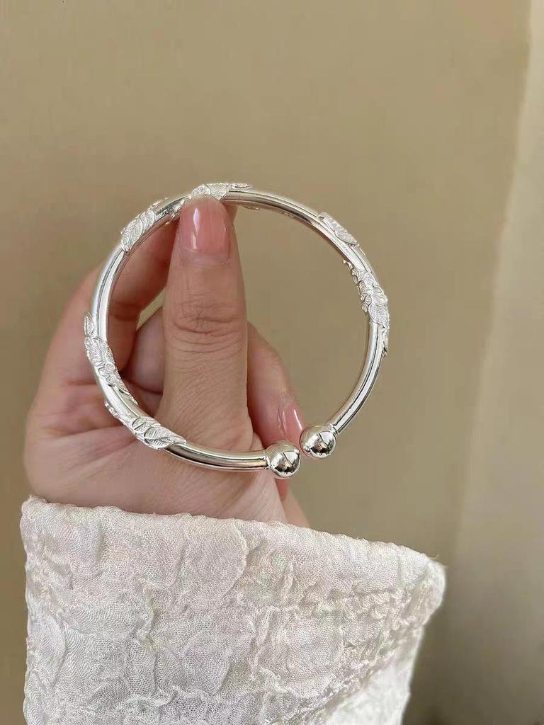 White Copper-Plated Silver Floral Bracelet: Women's Luxury Embossed Filigree with Double Beads