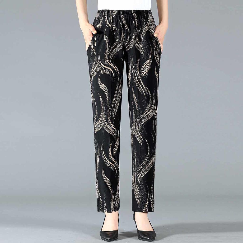 Summer Middle-aged and Elderly Women's Cropped Pants High Waist Elastic Oversized Pants Middle-aged Women's Floral Pants