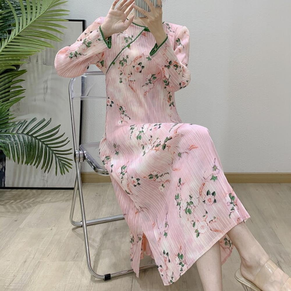 Plara Pleated Mandarin Collar Floral Dress Up To 88