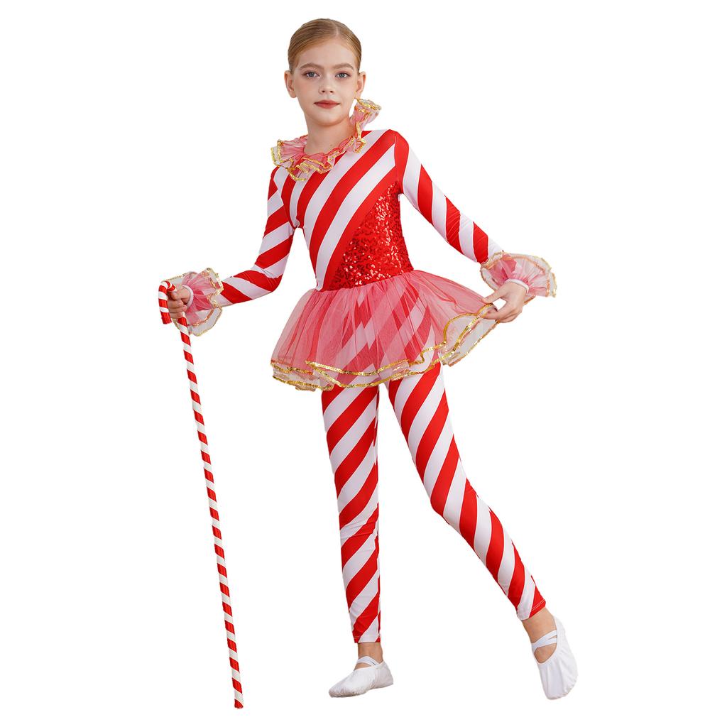 Рождественский танцевальный комбинезон для девочек, полосатое трико с пайетками, сетчатая вставка, круглый вырез, длинный рукав