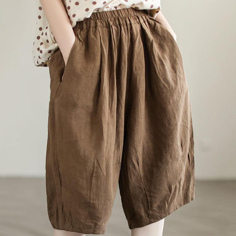 Литературные ретро-хлопковые и льняные однотонные простые повседневные брюки женские летние брюки с эластичной резинкой на талии большого размера с пятью точками